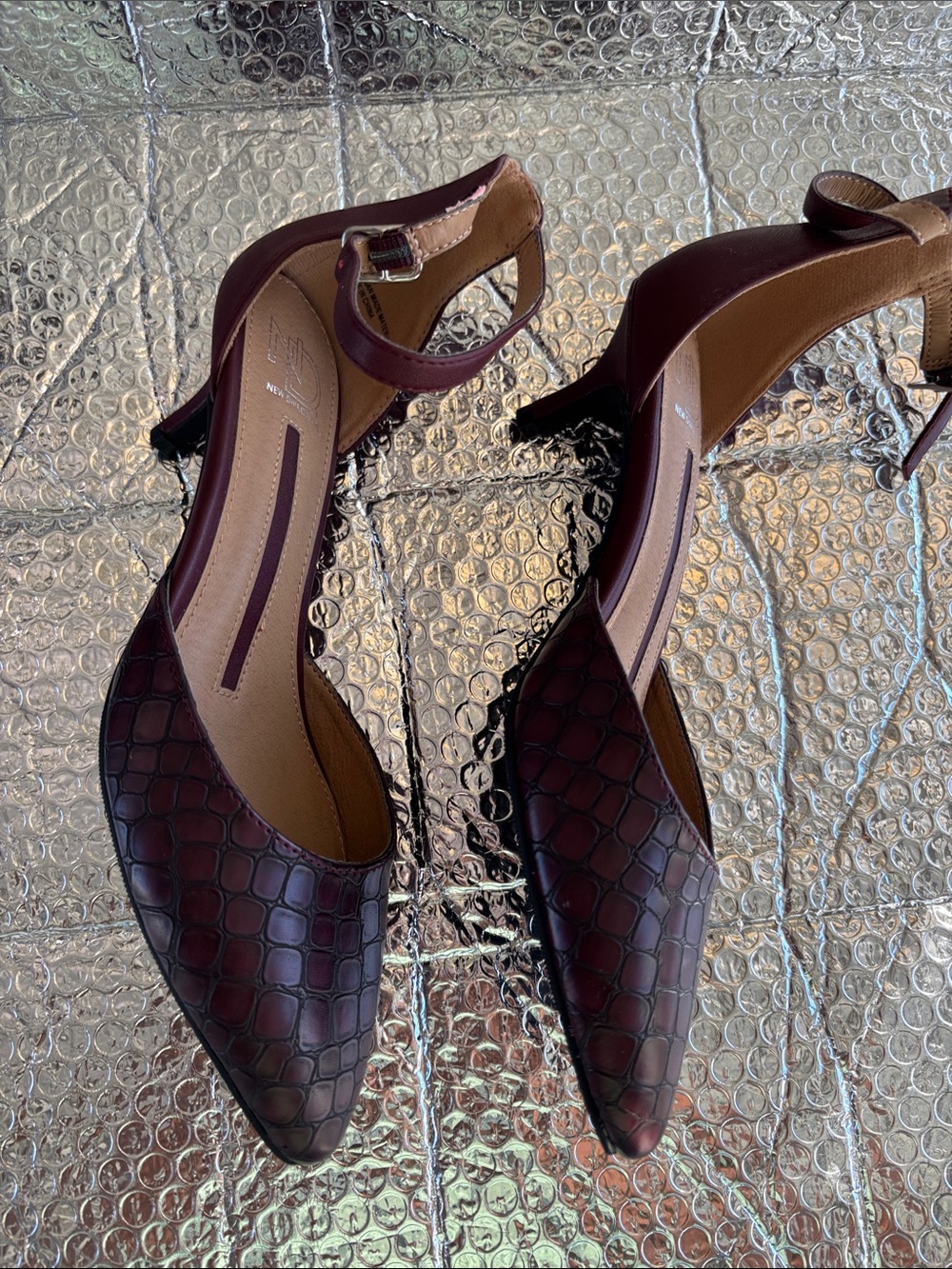 new directions Croc-Embossed Pointed Ankle-Strap Flats in Dark Burgundy - Picture 3 of 8